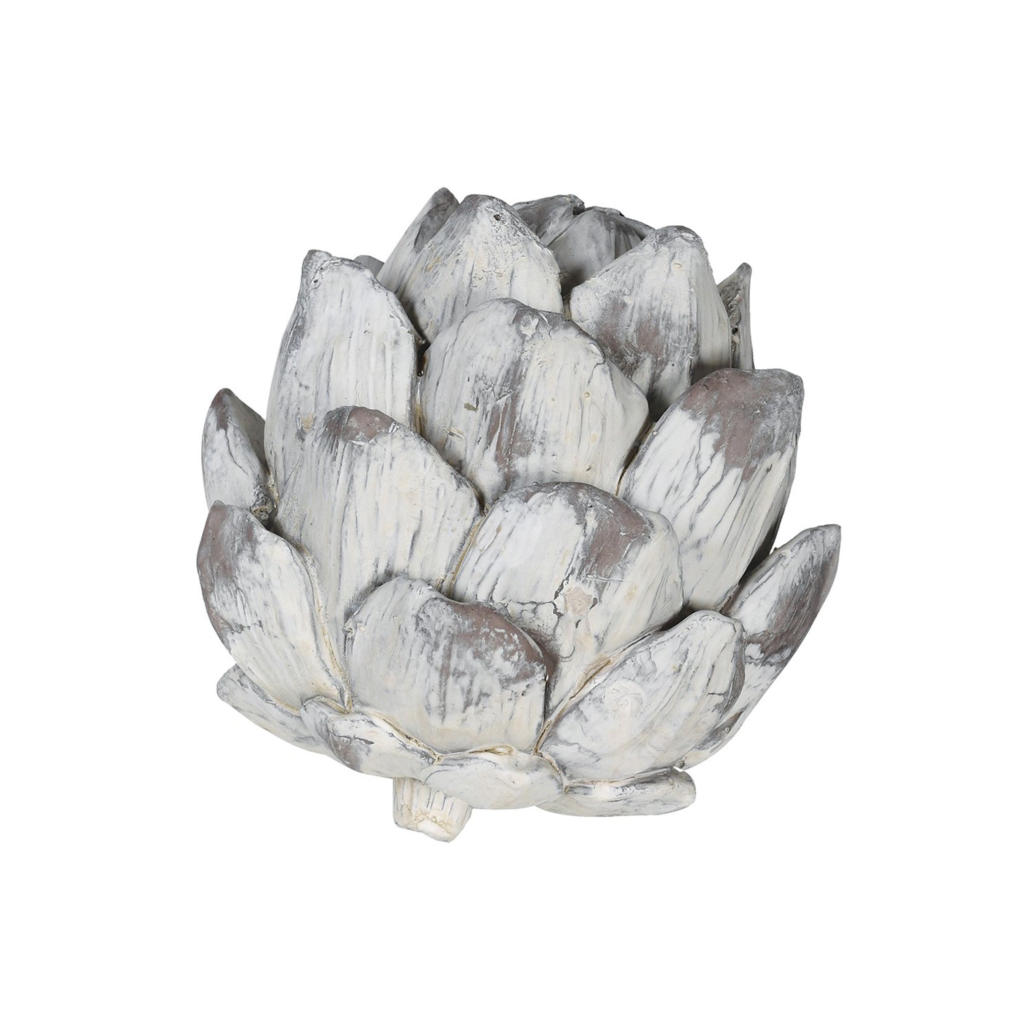 White washed ornamental artichoke with a distressed finish  Dimensions: H:150 Dia:130 mm  Materials: Polyresin   Delivery: 7-10 days
